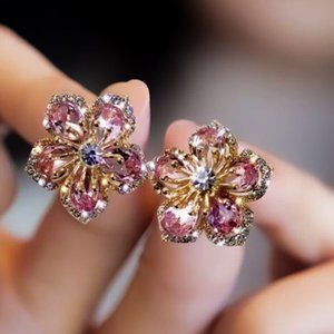 NEW Pink Crystal Flower Stud Earrings